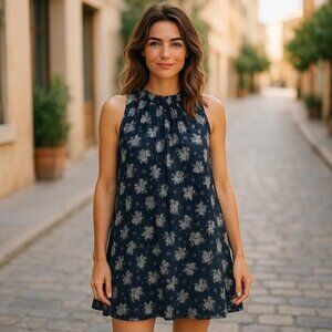 NWT Joie Size XXL Baltic Black/Blue Print Mini Sleeveless Lined Flowy Dress